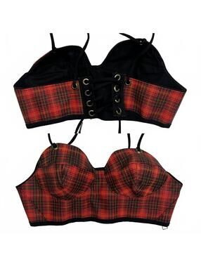 Vintage "Tarte MTL" Red Plaid Pattern Structured Bustier Corset Molded Cups Sz M